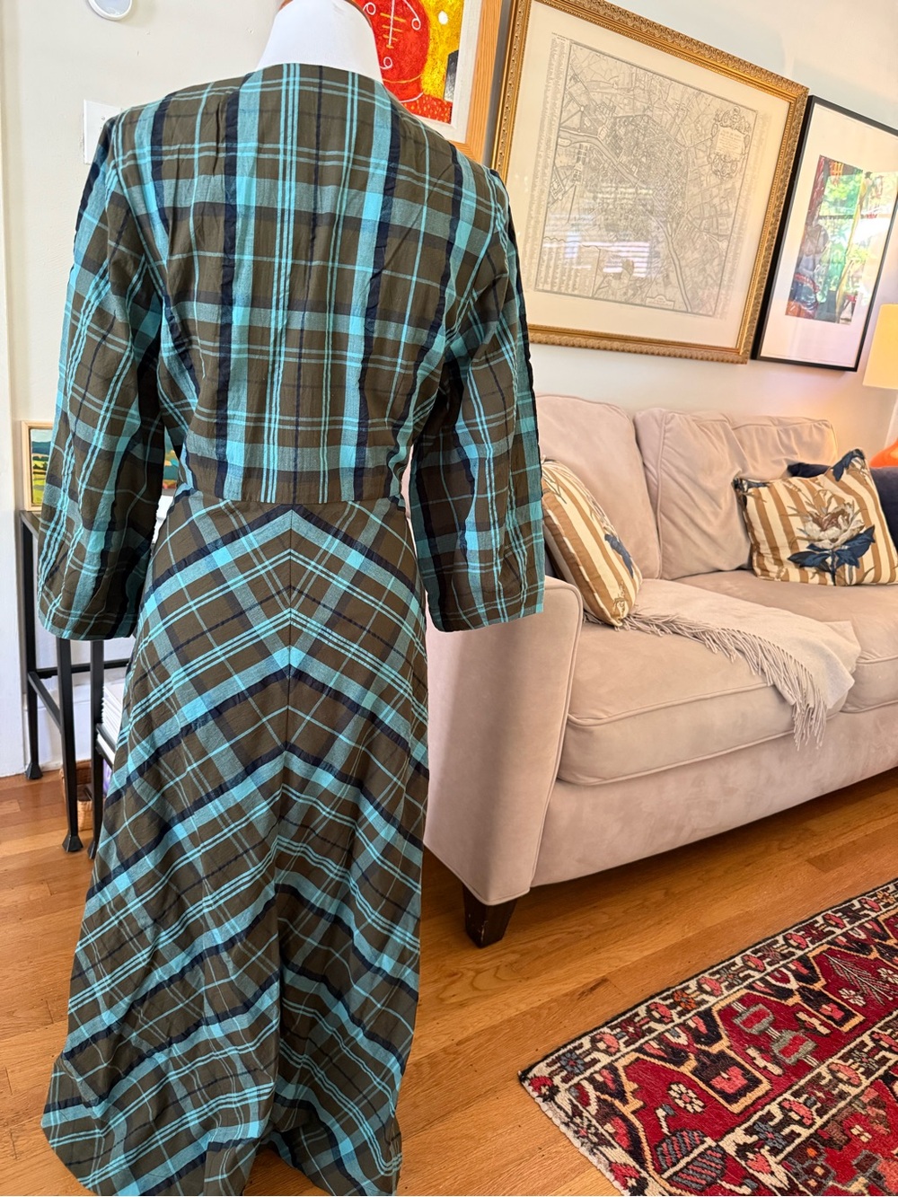 TOAST Astrid Seersucker Green & Teal Plaid V-Neck Midi Dress UK14 - Picture 5 of 7